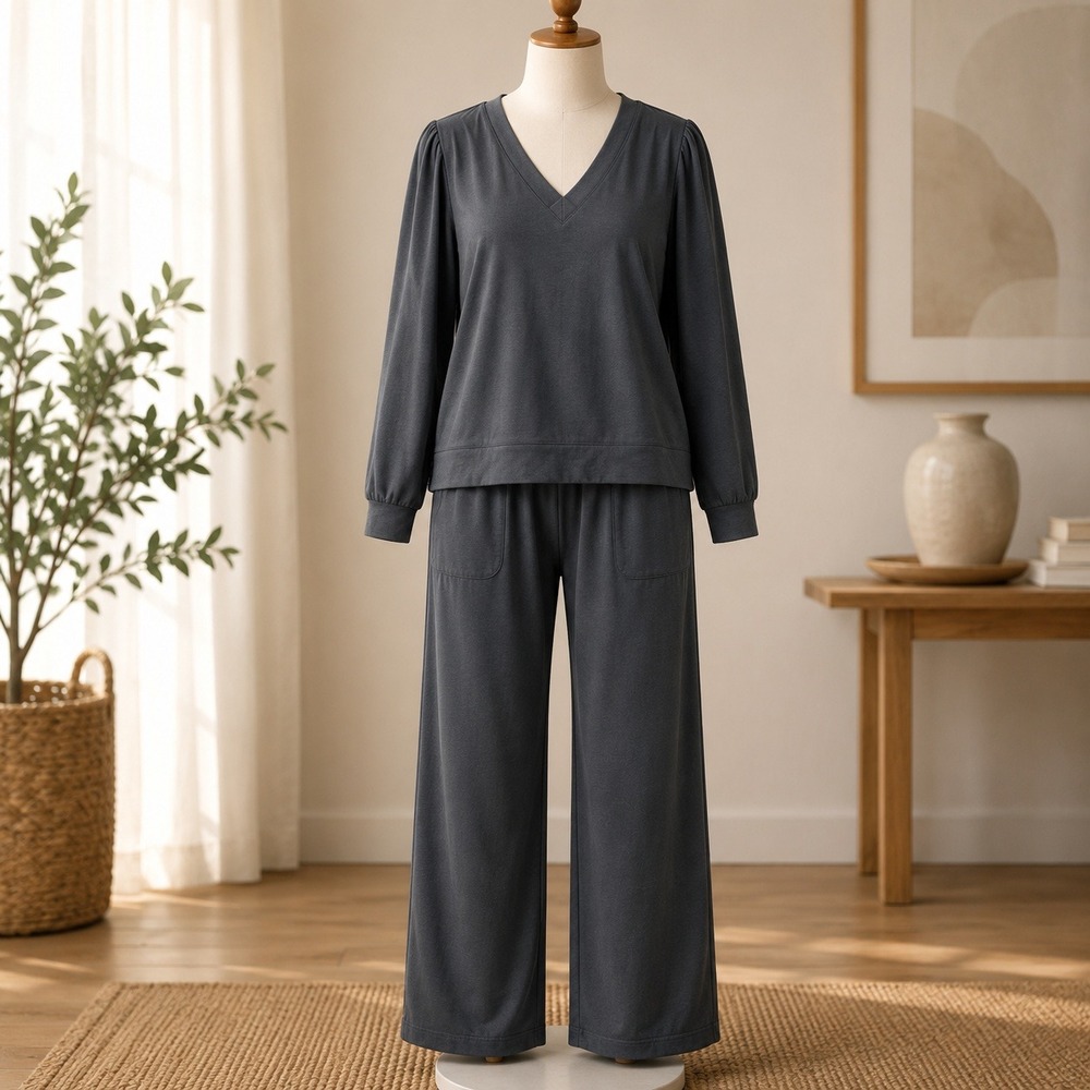 AnyBody Lounge Set Womens Large Petite Black V-Neck Puff Sleeve Top Pants 2pc